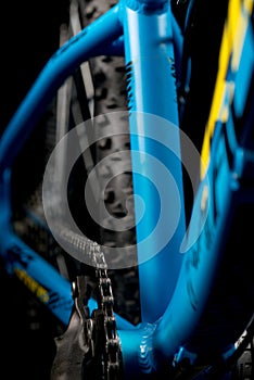 Mountain bicycle photography in studio, bike parts, chain detail