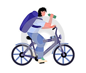 Mountain bicycle rider on bike trip, flat cartoon vector illustration isolated.