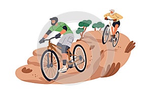 Mountain bike adventure on rocky trail. Active men friends cyclists in helmets, riding bicycles, extreme cycling. MTB