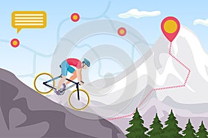 Mountain bike competition, biking extreme sport ride vector illustration. Downhill cycling. Man biker high jump on