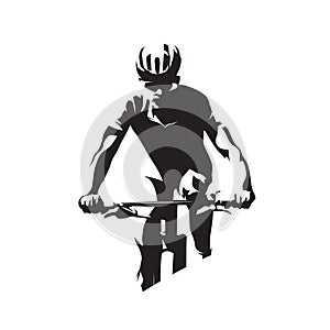 Mountain bike cyclist. MTB cycling logo. Abstract isolated vector silhouette, front view
