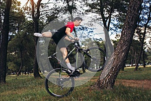 Mountain bike cyclist riding trail in forest.