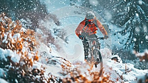 Mountain bike cyclist riding in a winter forest along a trail. Extreme cycling sports concept. Beautiful nature in golden sunlight