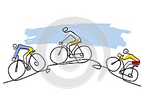Mountain bike cyclists, line art stylized cartoon.