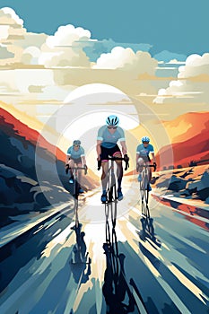 Mountain bike cyclists shown in a contemporary athletic abstract design of a biker cycling landscape