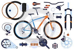 Mountain bike, details to it. Set of bicycle parts. Bicycle transmission, Frame, Wheels, brakes.