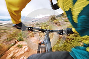 Mountain bike, fast and hands cycling with speed on nature trail for bicycle fitness, race or workout. Bike, action and