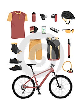 Mountain bike hardtail equipment and accessories. color vector illustration