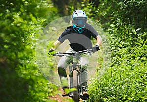 Mountain bike, man and cycling in forest for competition, freedom and off road adventure on path. Athlete, extreme