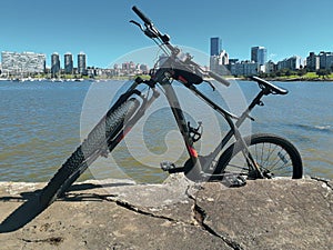 Mountain bike parked at breakwater, montevideo, uruguay