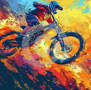 a mountain bike performs a stunt over fire