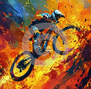 a mountain bike performs a stunt over fire