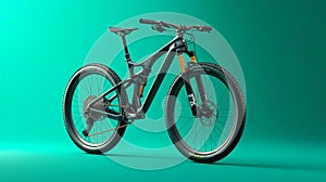 a mountain bike set against a vibrant emerald green background, with impeccable lighting highlighting the rugged details and