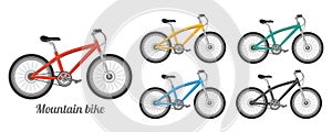 Mountain bike, speed sport bicycle icon set. Street biking activity, rental, repair cycles in city. MTB cycling ride. Vector