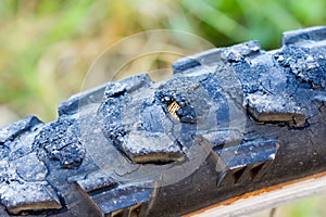 Mountain bike tires damage closeup