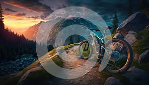 Mountain bike on trail at sunset, sports bicycle in mountain landscape, generative AI