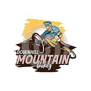 Mountain bike vintage logo template gear and cyclist illustration
