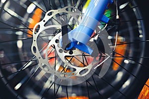 Mountain bike wheel with disc brake close up