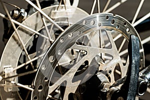 Mountain bike wheel gears closeup. Brake system. Close-up. Shifting speeds.