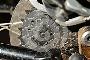 Mountain bike wheel gears closeup. Brake system. Close-up. Shifting speeds.