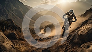 Mountain biker conquers extreme terrain, chasing sunset on cycle generated by AI