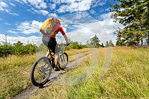 Mountain biker cycling riding in woods and mountains