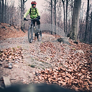 Mountain biker cycling on trail in woods