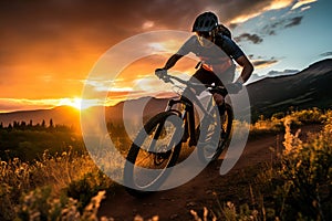 Mountain biker cyclist cycling on a mountain bike trail. Outdoor recreational lifestyle adventure sport activity in nature