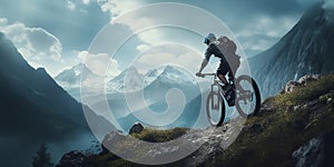 Mountain biker cyclist riding a bicycle downhill on a mountain bike trail. Outdoor recreational lifestyle adventure sport activity