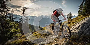 Mountain biker cyclist riding a bicycle downhill on a mountain bike trail. Outdoor recreational lifestyle adventure sport activity