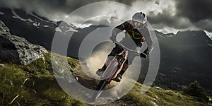 Mountain biker cyclist riding a bicycle downhill on a mountain bike trail. Outdoor recreational lifestyle adventure sport activity