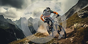 Mountain biker cyclist riding a bicycle downhill on a mountain bike trail. Outdoor recreational lifestyle adventure sport activity