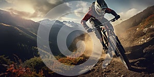 Mountain biker cyclist riding a bicycle downhill on a mountain bike trail. Outdoor recreational lifestyle adventure sport activity