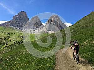 Mountain biker in the Dolomites Sellaronda