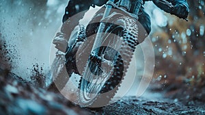 Mountain biker navigating muddy trail in rainy weather during an exhilarating ride Generative AI photo