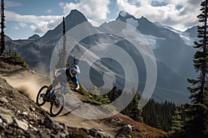 mountain biker racing down steep and twisty descent, with view of towering peaks in the background