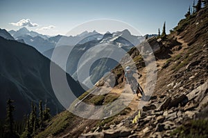 mountain biker racing down steep and twisty descent, with view of towering peaks in the background