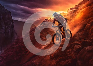 Mountain Biker Rides Trail to Sunset: Adventure Magazine