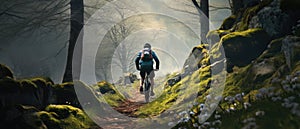 Mountain biker riding on bike in spring inspirational forest landscape. Man cycling MTB on enduro trail track. Sport