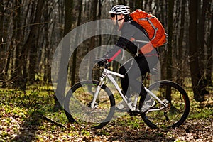 Mountain biker riding on bike in springforest landscape.