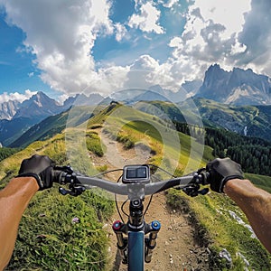 A mountain biker riding in mountains with an action camera. Adventure thrill seeking. Generative AI photo