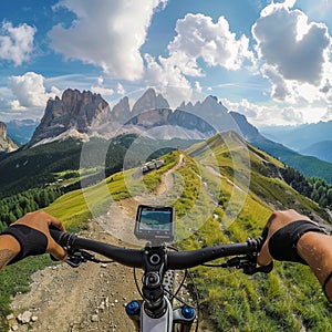 A mountain biker riding in mountains with an action camera. Adventure thrill seeking photo