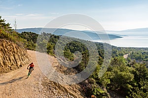 Mountain biker riding on mtb bike in woods