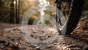 Mountain biker speeds through autumn forest on dirt path generated by AI