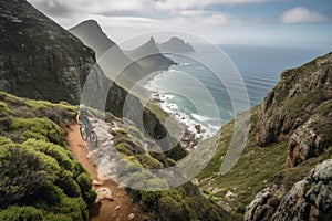 mountain biker tackling rugged trail with breathtaking view in the background