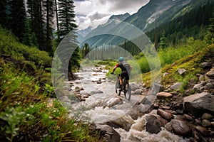 mountain biker on technical singletrack, with view of rushing creek in the background