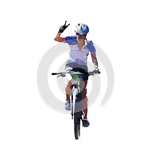 Mountain biker waving, victory. Woman riding bike. Low polygonal vector illustration. Female cyclist front view, geometric drawing