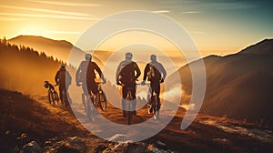 Mountain Bikers Enjoying Sunset On Top Of A Mountain