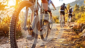 Mountain bikers on a forest trail in the light of the setting sun.