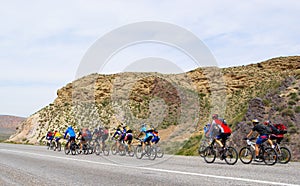 Mountain bikers group on road